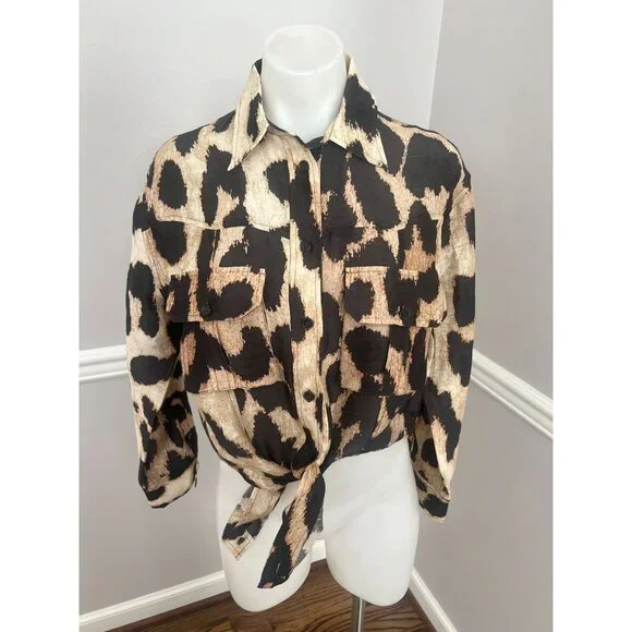 GANNI Silk Linen Leopard Print Shirt + Matching Shorts SET Size 32 XS - Picture 10 of 13